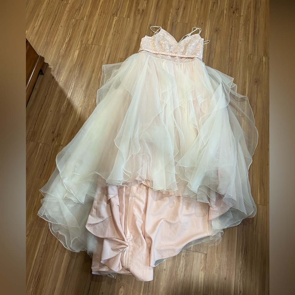 David's Bridal Pink and Cream Asymmetrical Ruffled Wedding Gown Size 22W NWT